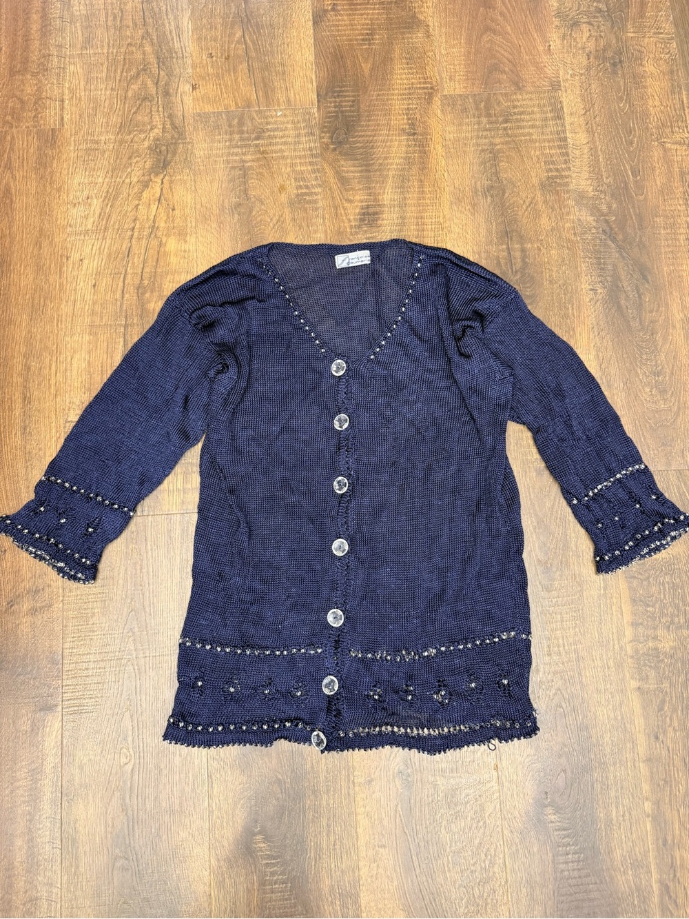 Navy Knit Button-Front Cardigan with Decorative Trim